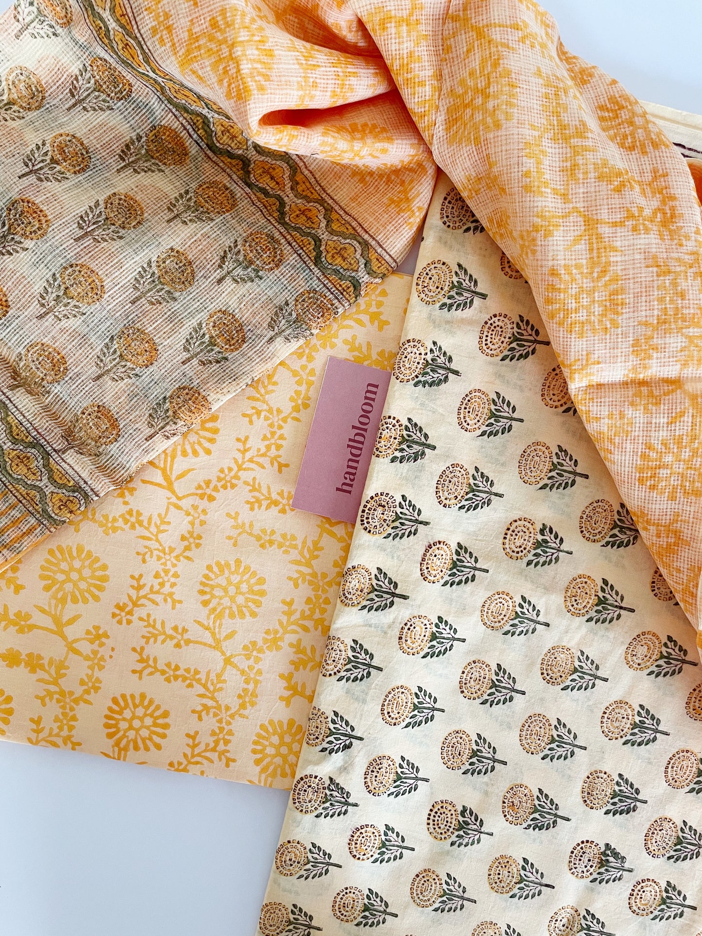 Soft yellow handblock printed dress material