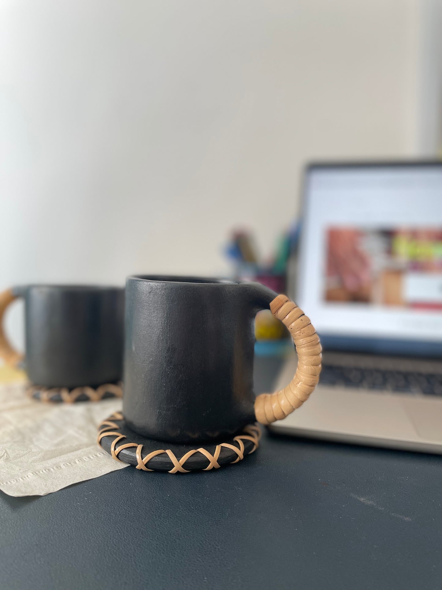 Black Pottery Coffee Mug with Unique Cane wrapped Handle I Set Of 2.