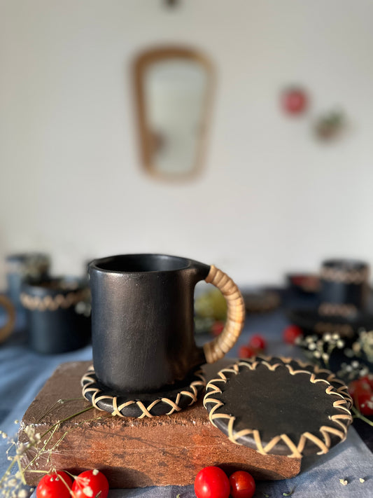 Black Pottery Cups and Coasters I Longpi set of 2 cups( Medium ) and 2 coasters.