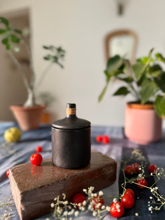 Black Pottery Sugar Jar I Hand moulded container I Sugar & Salt Jar