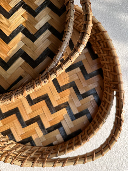 close up of chevron cane and bamboo tray