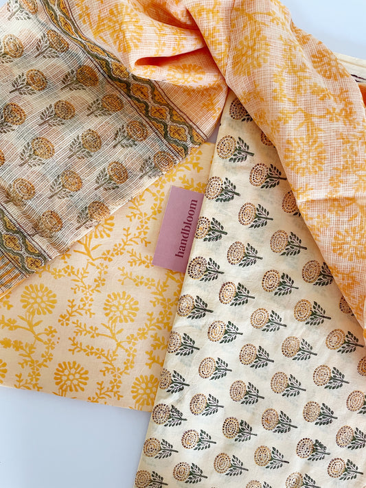 Soft yellow handblock printed dress material