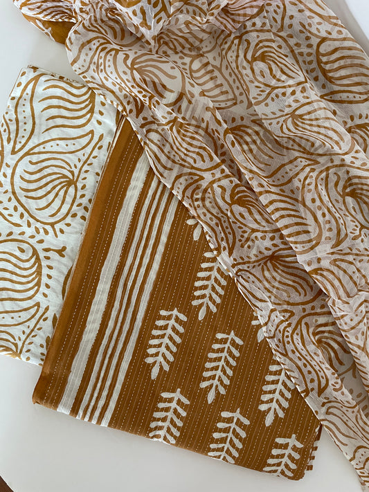 Handblock printed - Kantha embroidered Unstitched salwar suit material